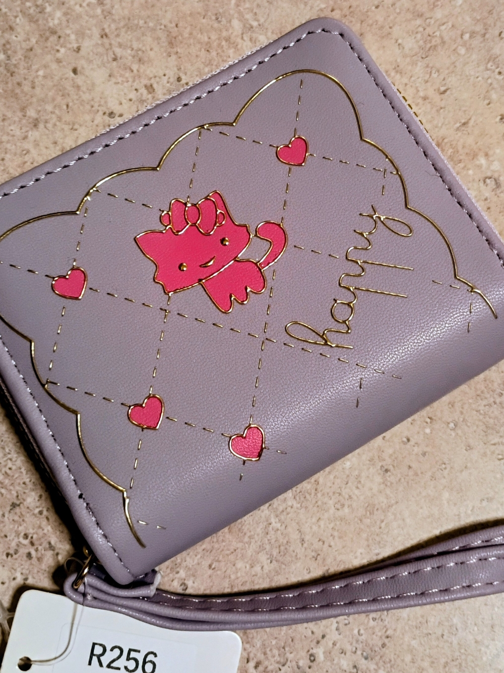 Cute Purple Wallet with Pink Kitty and Hearts